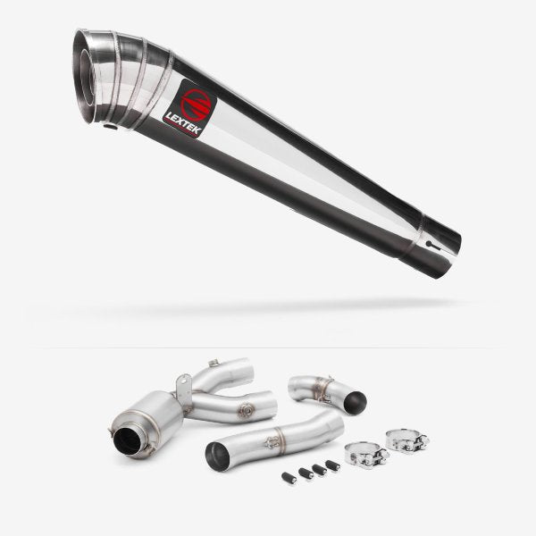 Lextek Stainless Steel MP4 Megaphone Exhaust 300mm with De-Cat Link Pipe for Yamaha MT-10 (16-24)