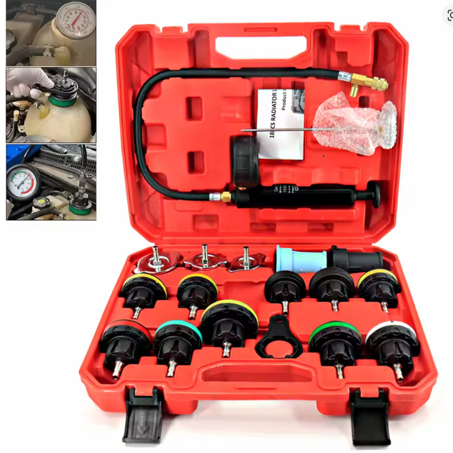 Cooling System Pressure Tester Kit 18PC Gauge Radiator Adapters Thermometer