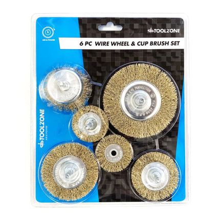 Rotary Wire Wheel And Cup Brush Set 6 Piece 38/50/63/75mm 6mm Shank - Toolzone KDPPA083