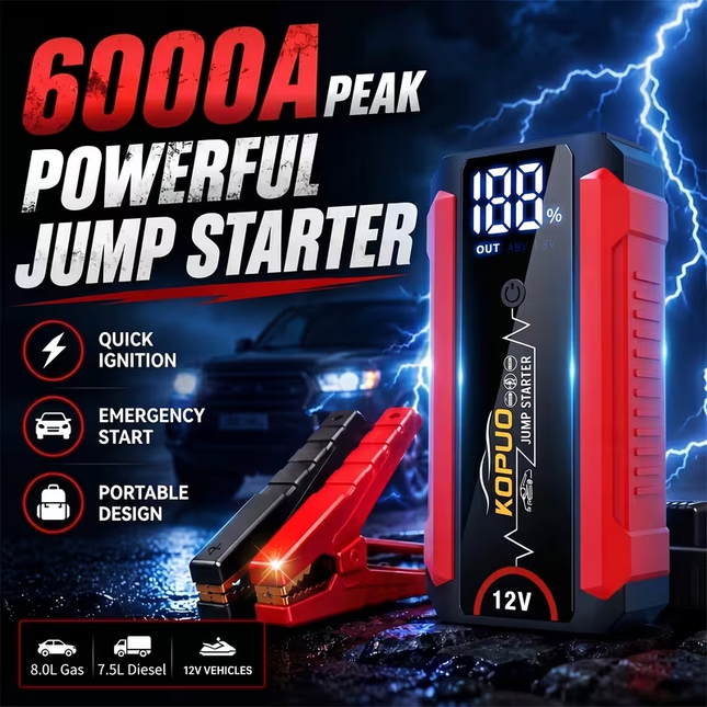 Jump Starter Booster Pack 12V Portable 6000A LED Light Power Supply 684786
