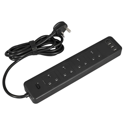 Extension Lead 2.6M 4 Gang 4 USB 1 Usb-c 13A Surge Protected Black
