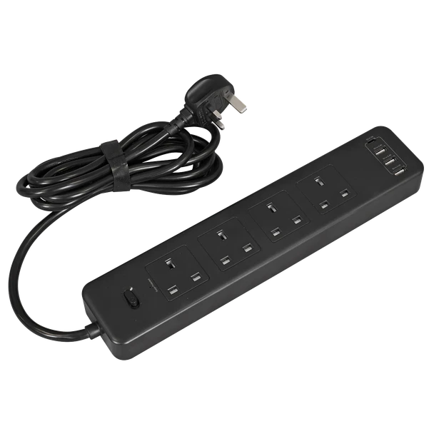 Extension Lead 2.6M 4 Gang 4 USB 1 Usb-c 13A Surge Protected Black