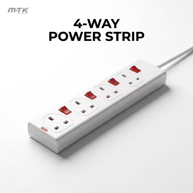 4 Gang Switched Extension Lead 2m Powermaster 13A 3250W Uk Plugs