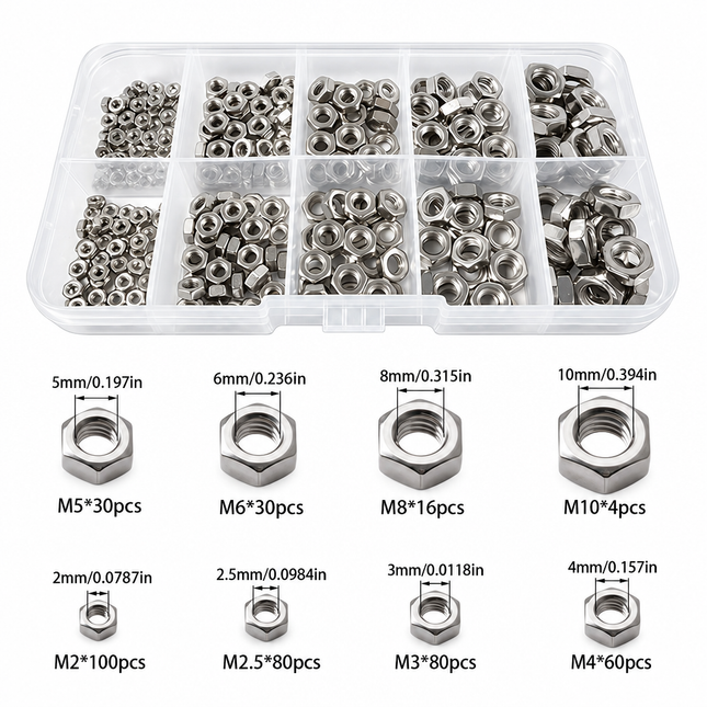 Hexagon Nut Set M2-M10 Zinc-plated 405PCS Organiser Case