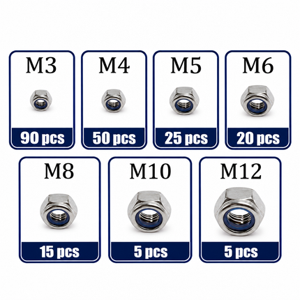 Lock Nut Assortment 210 Pcs Nylon Insert Stainless Steel M3 M4 M5 M6 M8 M10 M12 Din 985