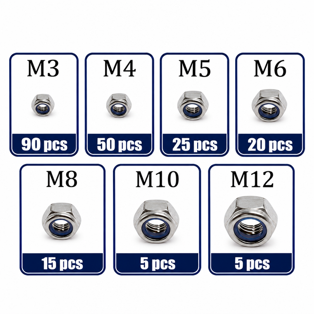 Lock Nut Assortment 210 Pcs Nylon Insert Stainless Steel M3 M4 M5 M6 M8 M10 M12 Din 985