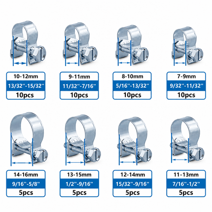 Assorted 60PCS Mini Hose Clamp HD Set 60PC 8 Sizes 7-16mm Galvanized High-pressure Hoses