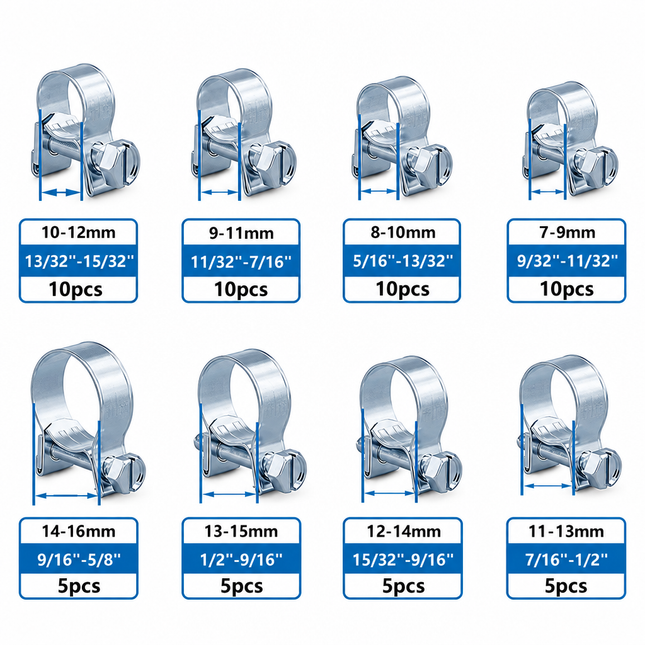 Assorted 60PCS Mini Hose Clamp HD Set 60PC 8 Sizes 7-16mm Galvanized High-pressure Hoses