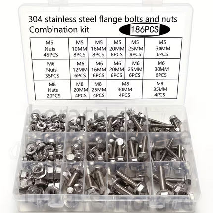 Flange Bolt And Nut Kit 186PCS 304 Stainless Steel M5 M6 M8 14 Sizes Full Thread
