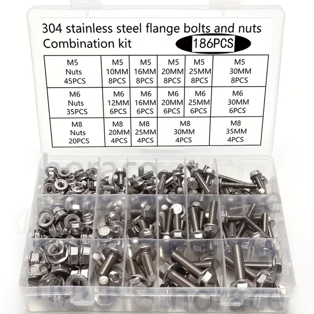 Flange Bolt And Nut Kit 186PCS 304 Stainless Steel M5 M6 M8 14 Sizes Full Thread