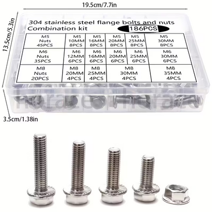 Flange Bolt And Nut Kit 186PCS 304 Stainless Steel M5 M6 M8 14 Sizes Full Thread