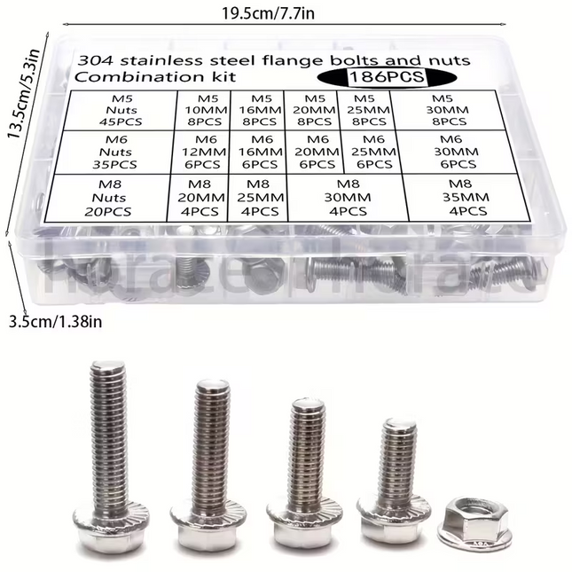 Flange Bolt And Nut Kit 186PCS 304 Stainless Steel M5 M6 M8 14 Sizes Full Thread