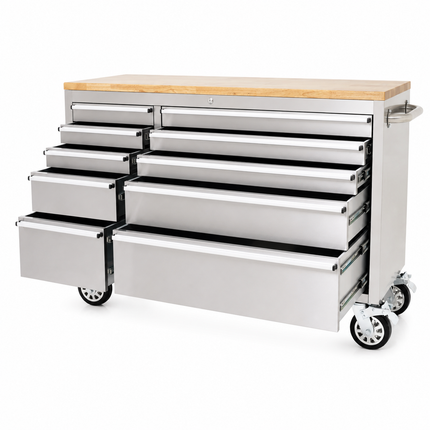 55 Stainless Steel Tool Chest Box 10 Drawers Solid Wooden Top