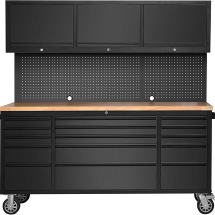 72 Matte Black Steel 15 Drawer Tool Chest with Solid Wooden Top, 3 Upper Cabinets and Peg Board
