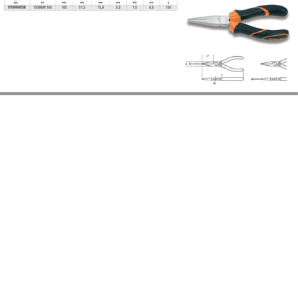 Long Flat Knurled Nose Pliers Bi-Material Handles 160mm - Beta Tools 1008BM 160