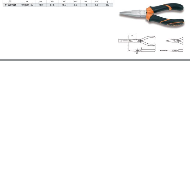Long Flat Knurled Nose Pliers Bi-Material Handles 160mm - Beta Tools 1008BM 160