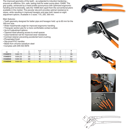 Slip Joint Pliers Slip-Proof PVC Coated Handles 250mm - Beta Tools 1048N 250