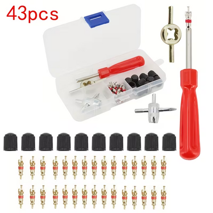 Tire Valve Stem Tool Slotted Handle Removal / Install In Plastic Box 43pcs Kit