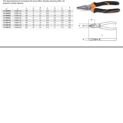 Combination Pliers Chrome-Plated with Bi-Material Handles 160mm Length - Beta Tools 1150BM 160