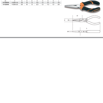 Extra-Long Flat Knurled Nose Pliers Chrome-Plated Bi-Material Handles 160mm Length - Beta Tools 1162BM 160