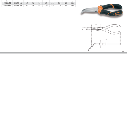 Extra-Long Bent Flat Knurled Nose Pliers Bi-Material Handles 160mm Length - Beta Tools 1164BM 160