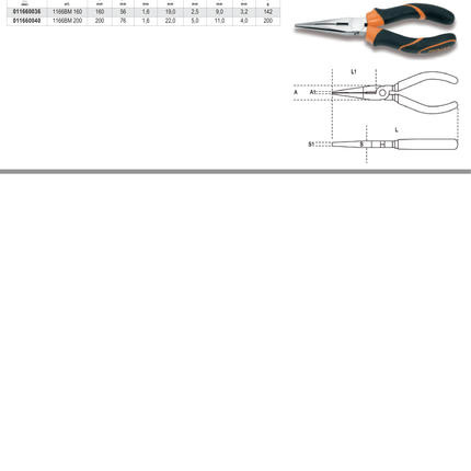 Extra-Long Needle Knurled Nose Pliers Chrome-Plated Bi-Material Handles 160mm Length - Beta Tools 1166BM 160