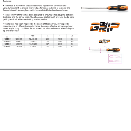 Screwdriver for Slotted Head Screws with Hexagon Bolster 2x12mm 250mm Length - BetaGRIP 1260E 12