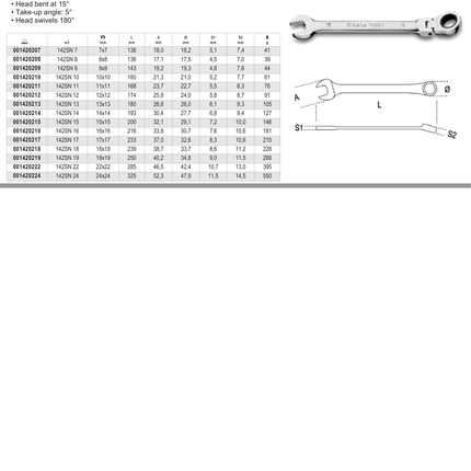 Swivel End Ratcheting Combination Spanner Wrench 9mm - Beta Tools 142SN 9