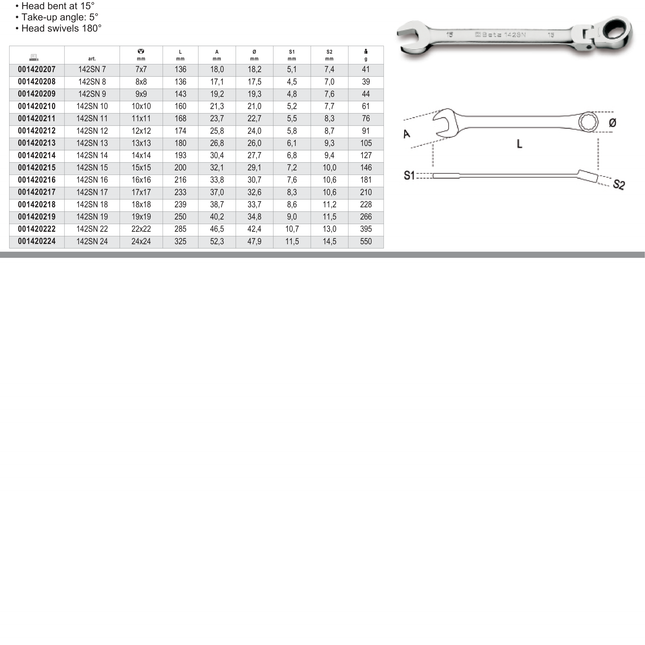 Swivel End Ratcheting Combination Spanner Wrench 12mm - Beta Tools 142SN 12