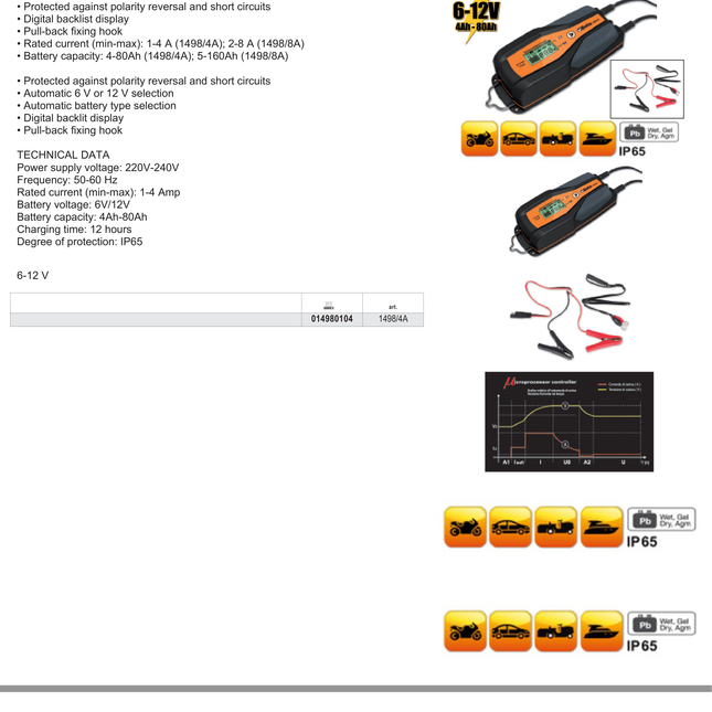 Electronic Car/Motorcycle Battery Charger 6V/12V 1A - 8A 4Ah - 160Ah - Beta Tools 1498/4A