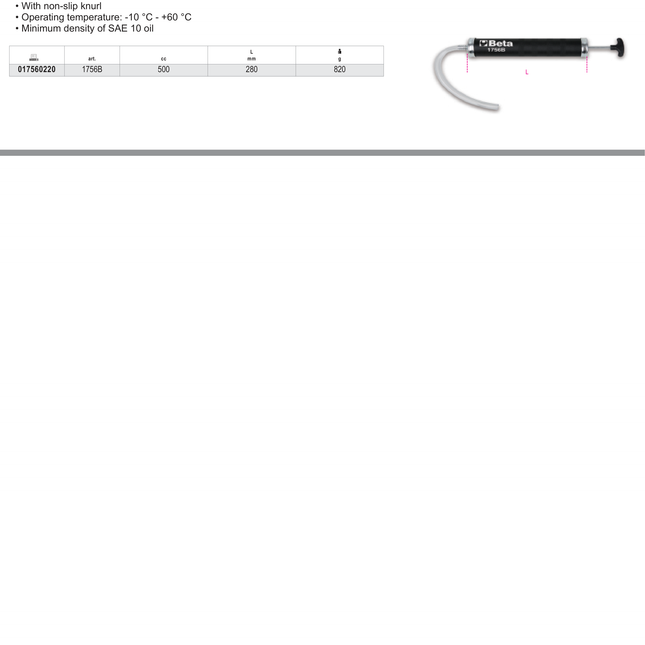 Pen Oiler with Non-Slip Knurl for SAE 10 Oil 500cc - Beta Tools 1756B