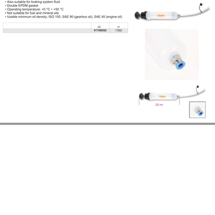 Suction Gun 200ml Polypropylene for Brake Fluid and High-Density Oils - Beta Tools 1756C
