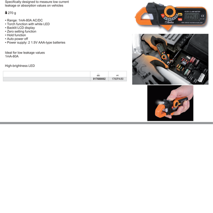 AC/DC Amperometric Clamp 1mA-80A with LED - Beta Tools 1760PA/80
