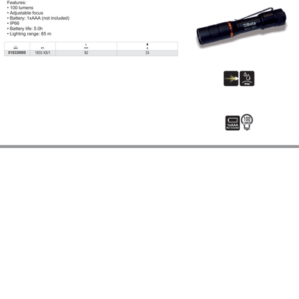 LED Inspection Torch Anodized Aluminum 100 Lumens 92mm - Beta Tools 1833 XS/1
