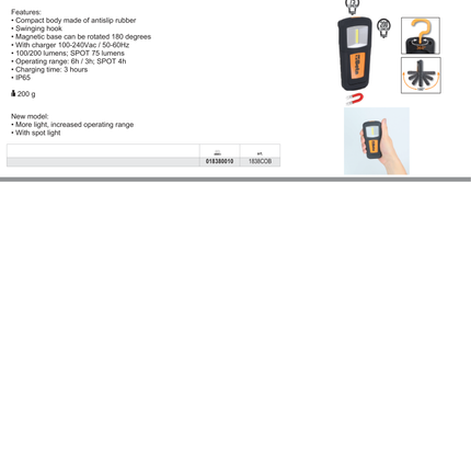 Compact Rechargeable Inspection Lamp Ultra-Bright LEDs 100-200 Lumens Spot 75 Lumens - Beta Tools 1838COB
