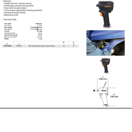 Compact Reversible Impact Wrench 1/2 - Beta Tools 1927XM