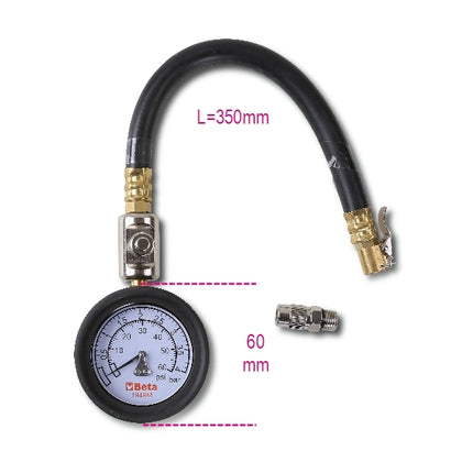 Tyre Pressure Tester 0-4 Bars with Shockproof Rubber Gauge and 290mm Hose - Beta Tools 1949M
