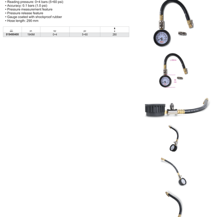 Tyre Pressure Tester 0-4 Bars with Shockproof Rubber Gauge and 290mm Hose - Beta Tools 1949M