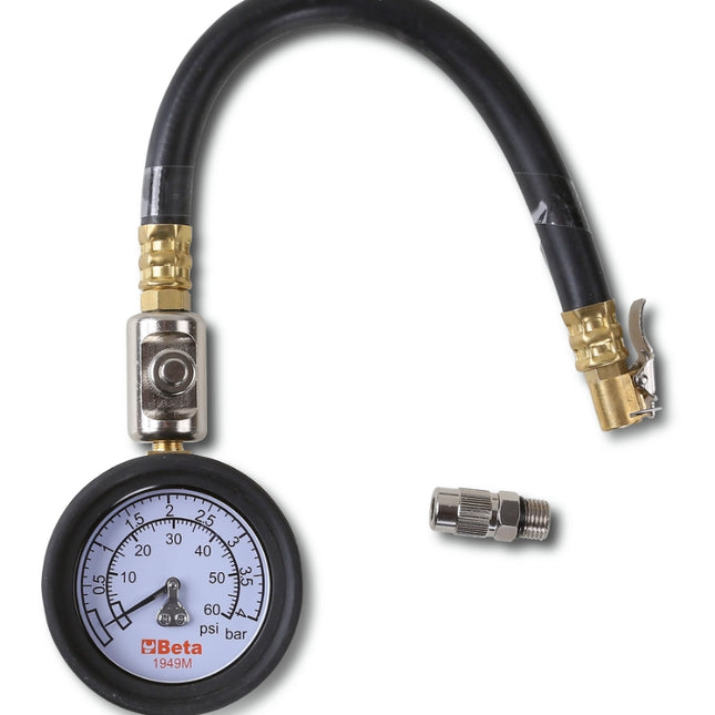 Tyre Pressure Tester 0-4 Bars with Shockproof Rubber Gauge and 290mm Hose - Beta Tools 1949M