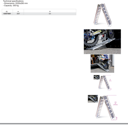 Aluminum Ramp for Loading/Unloading Motorcycles 2220x280mm 350kg Capacity - Beta Tools 3057
