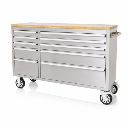 55 Stainless Steel Tool Chest Box 10 Drawers Solid Wooden Top