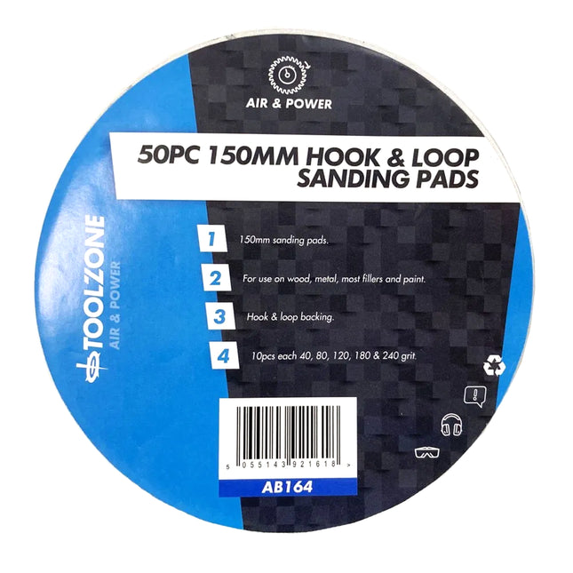 Sanding Pads Hook And Loop 50 Pieces 150mm 40 80 120 180 240 Grit - Toolzone KDPAB164