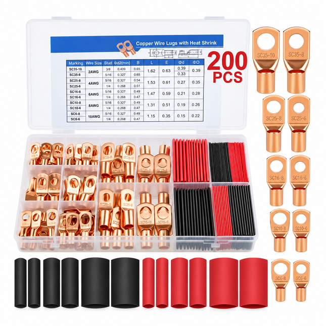 200pcs Copper Ring Battery Cable Lugs Terminal Connectors With Red And Black Heat Shrink Tubes