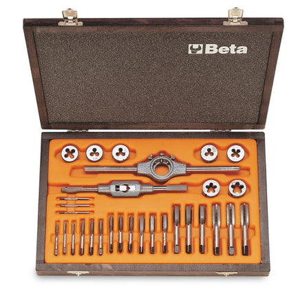Chrome-Steel Taps and Dies Set Metric Thread with Accessories in Wooden Case - Beta Tools 446/C30