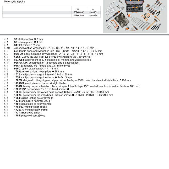 Assortment of 125 Tools for Motorcycle Repairs - Beta Tools 5940SBK