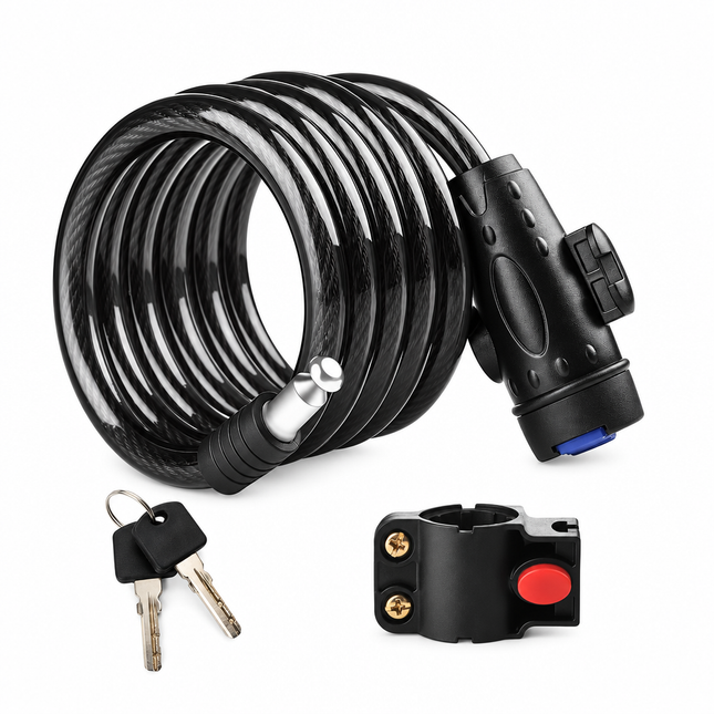 Cable Lock 10mm X 1200mm Coiled Keyed Auto Locking 2 Keys Mounting Brackets