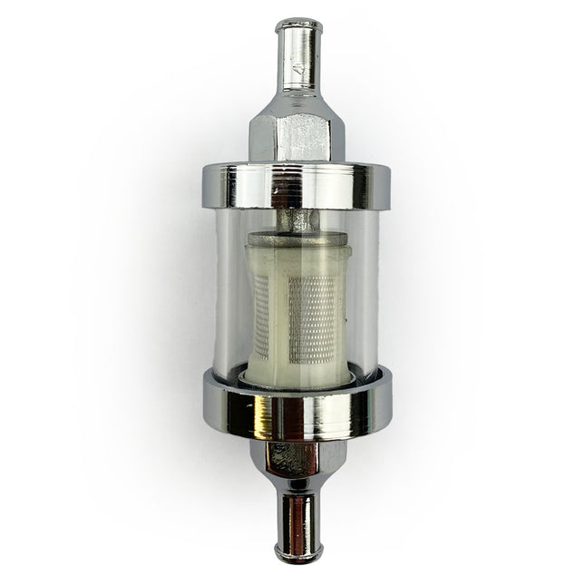 Large In-line Fuel Filter 6mm 1/4 Washable Glass Chrome Ends