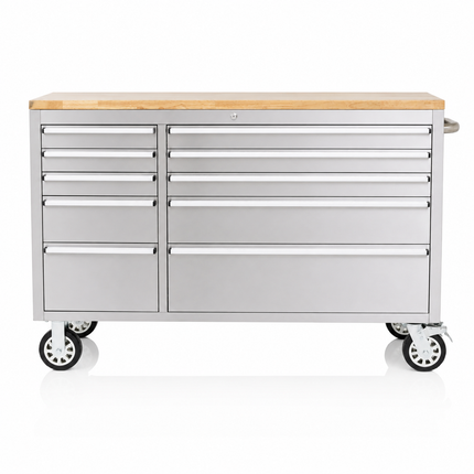 55 Stainless Steel Tool Chest Box 10 Drawers Solid Wooden Top