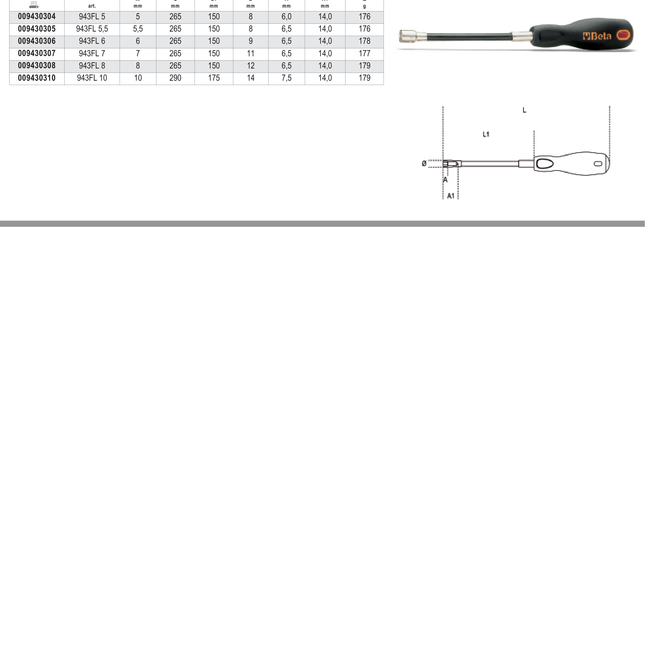 Flexible Hexagon Nut Spinner with Handle 5mm - Beta Tools 943FL 5