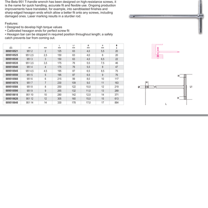 T-Handle Wrench with Three Hexagon Male Ends 5mm - Beta Tools 951 5